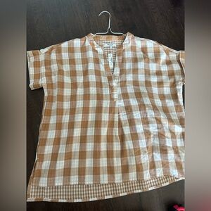 Womens Tan and White Checkered Shirt